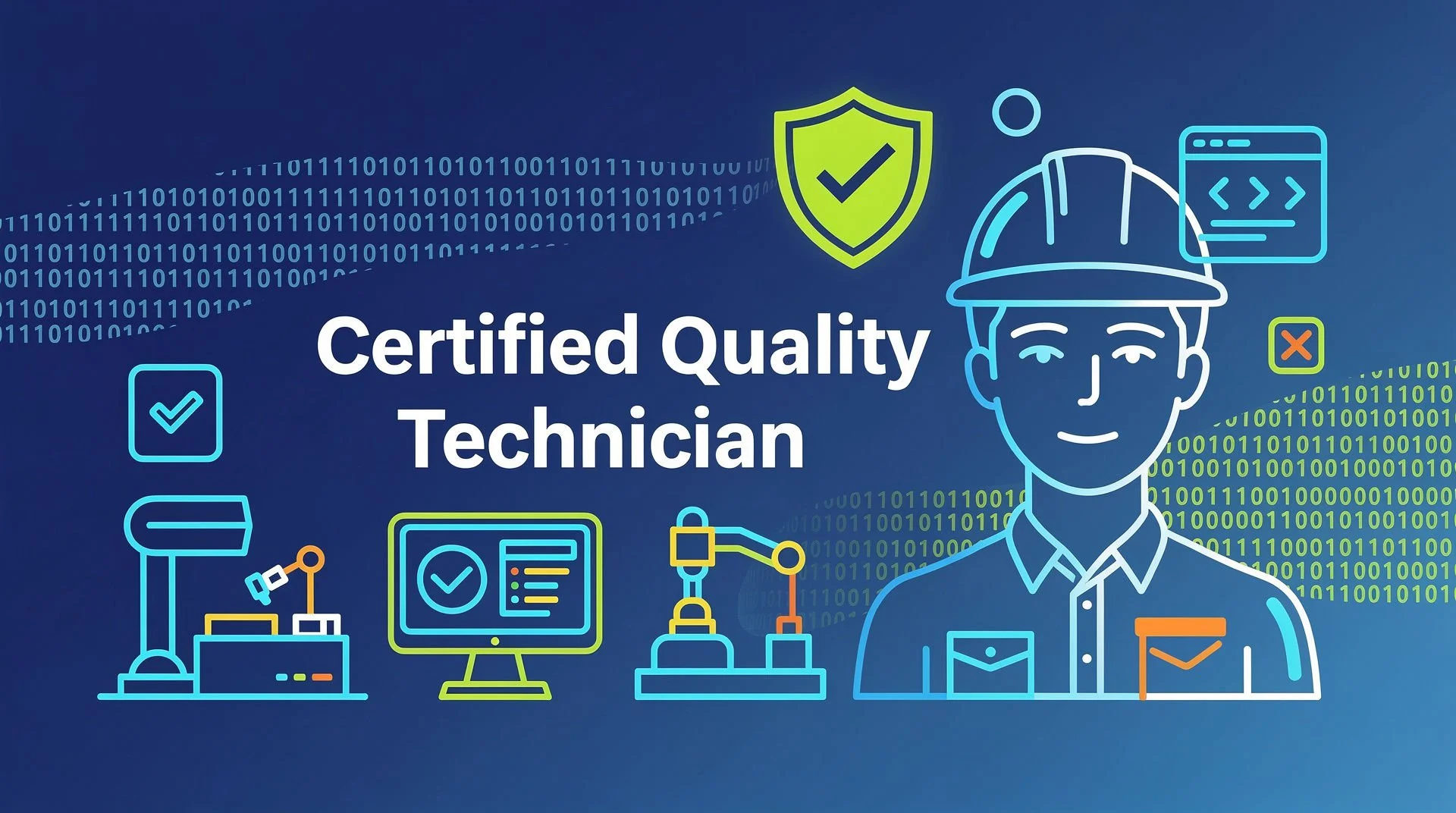 Graphic image with the text 'Certified Quality Technician' and illustrations of a technician wearing a helmet, a shield with a check mark, a computer screen, and various technical and digital icons, all set against a blue background with binary code.