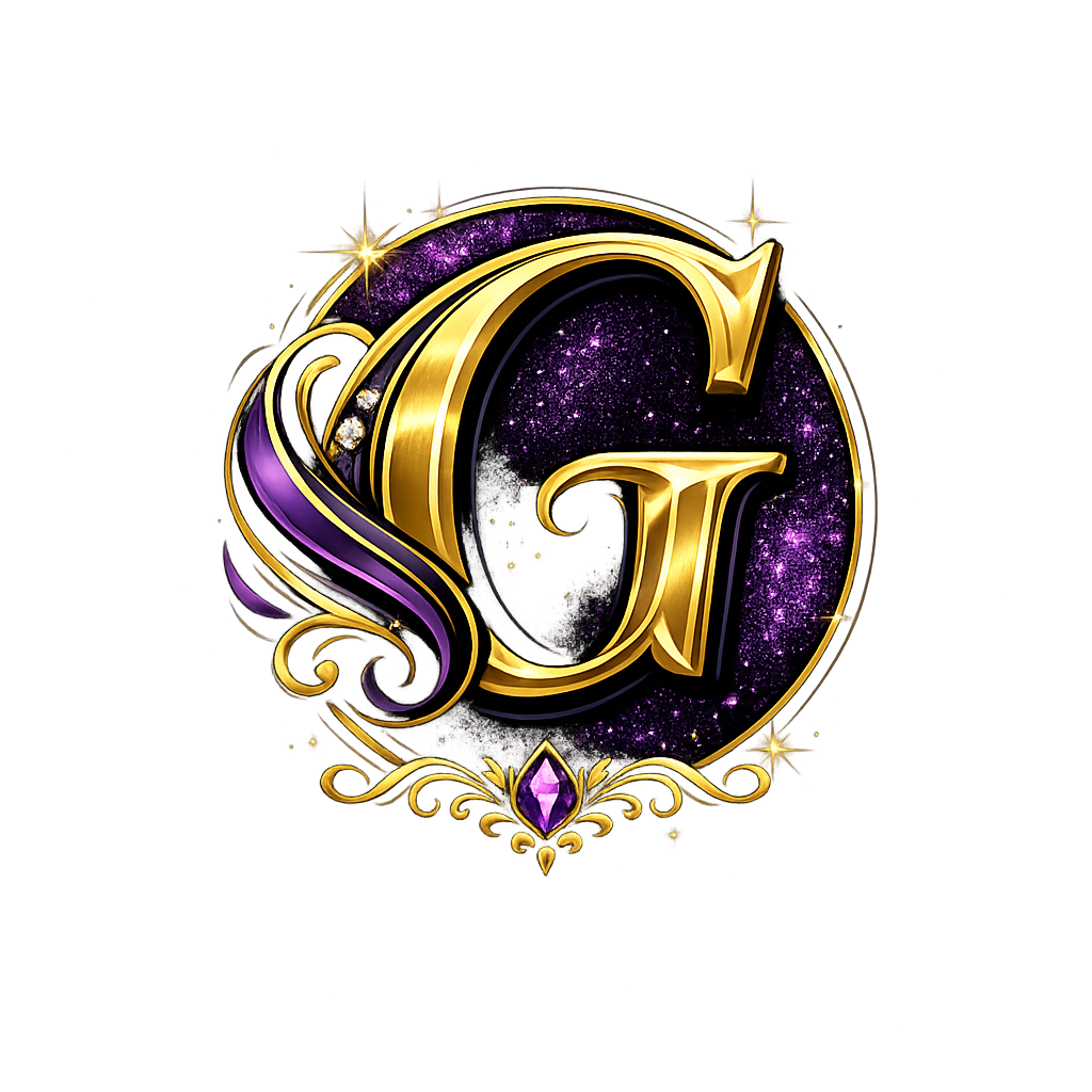 Decorative logo featuring a large gold letter 'G' surrounded by purple and gold ornate design with a star and gem accents on a dark, starry background.
