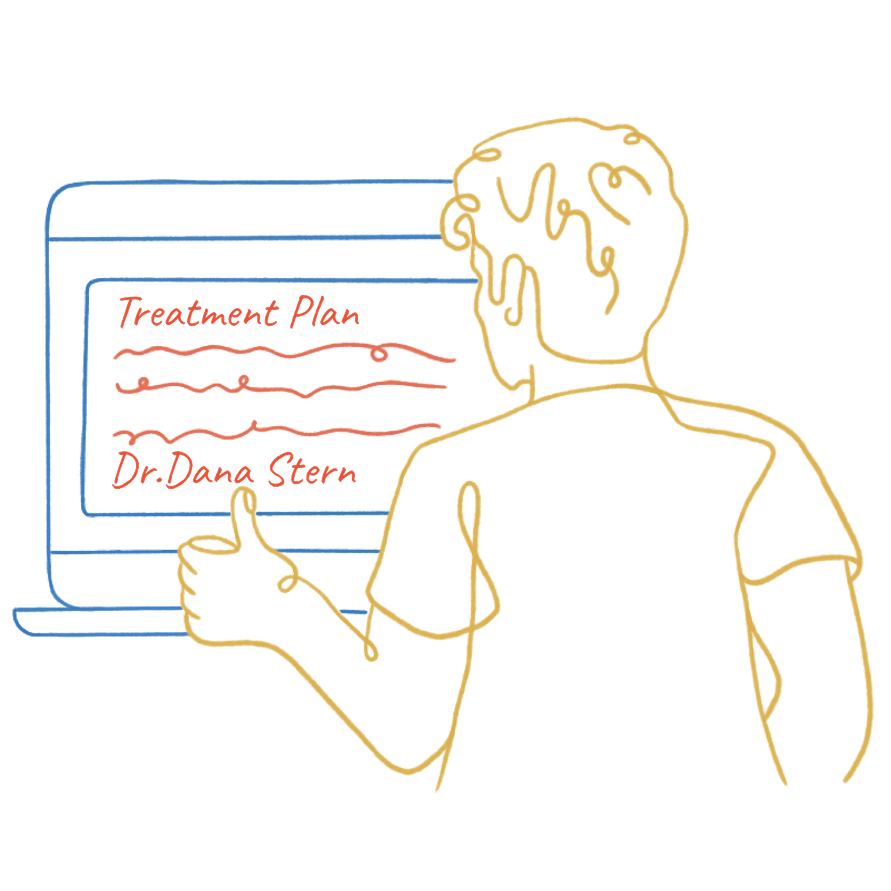 A line drawing of a person in a yellow shirt looking at a computer screen displaying a treatment plan authored by Dr. Dana Stern.