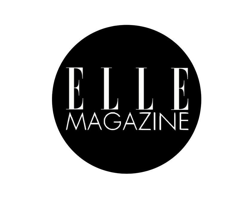 ELLE Magazine logo with white text on a black circular background.