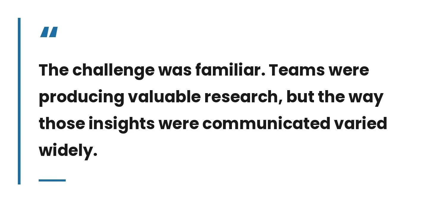 pull-quote that reads, "The challenge was familiar. Teams were producing valuable research, but the way those insights were communicated varied widely. "