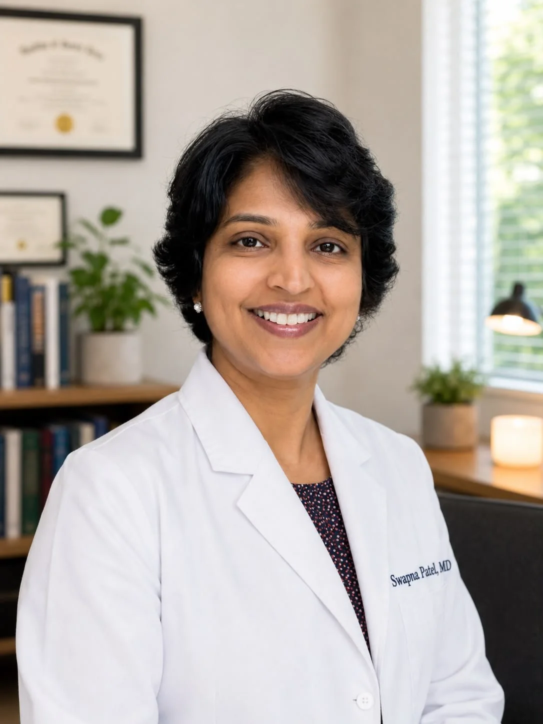 A smiling woman doctor with short black hair wearing a white lab coat with the name 'Swapna Patel, MD' embroidered on it, sitting in a medical office with framed certificates or diplomas on the wall, a bookshelf with books, and a window with blinds letting in natural light.