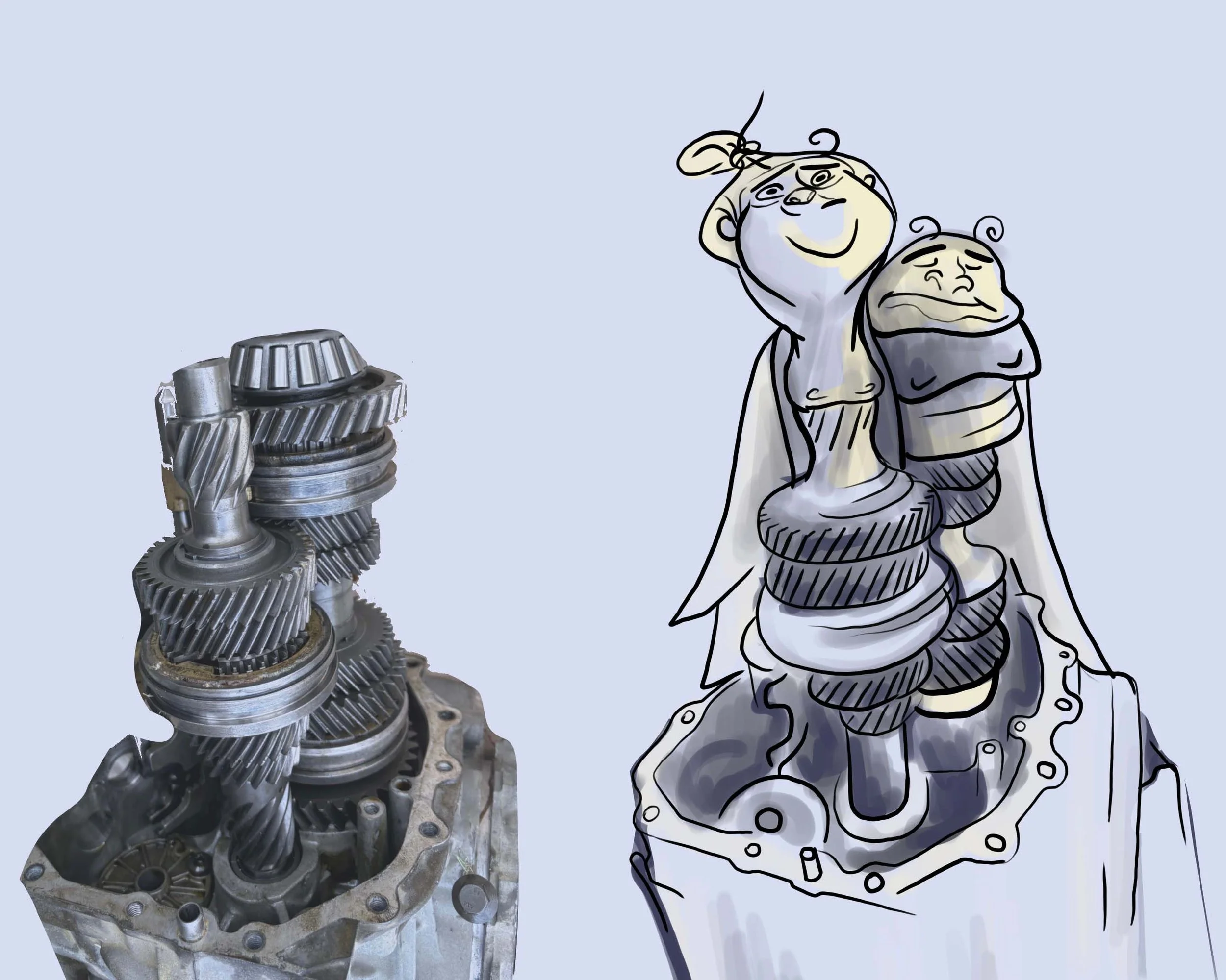 Composition showing a photo of a mechanical gear element on one side and a graphic interpretation on the other, where two butterfly-like figures emerge from the form, suggesting a living transformation.