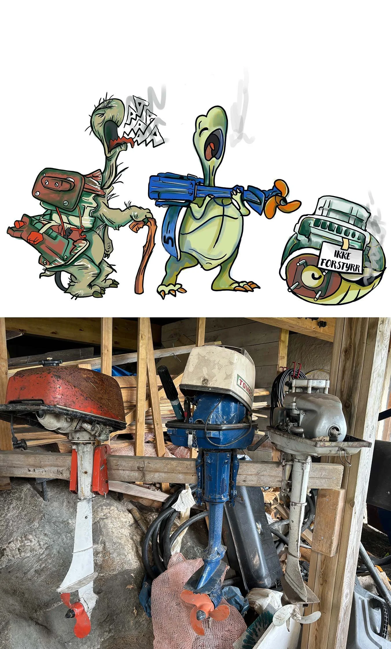 Drawing of cartoon turtles made from outboard engine parts, shown alongside a photo of the corresponding engines, highlighting the relationship between each mechanical form and its illustrated character.
