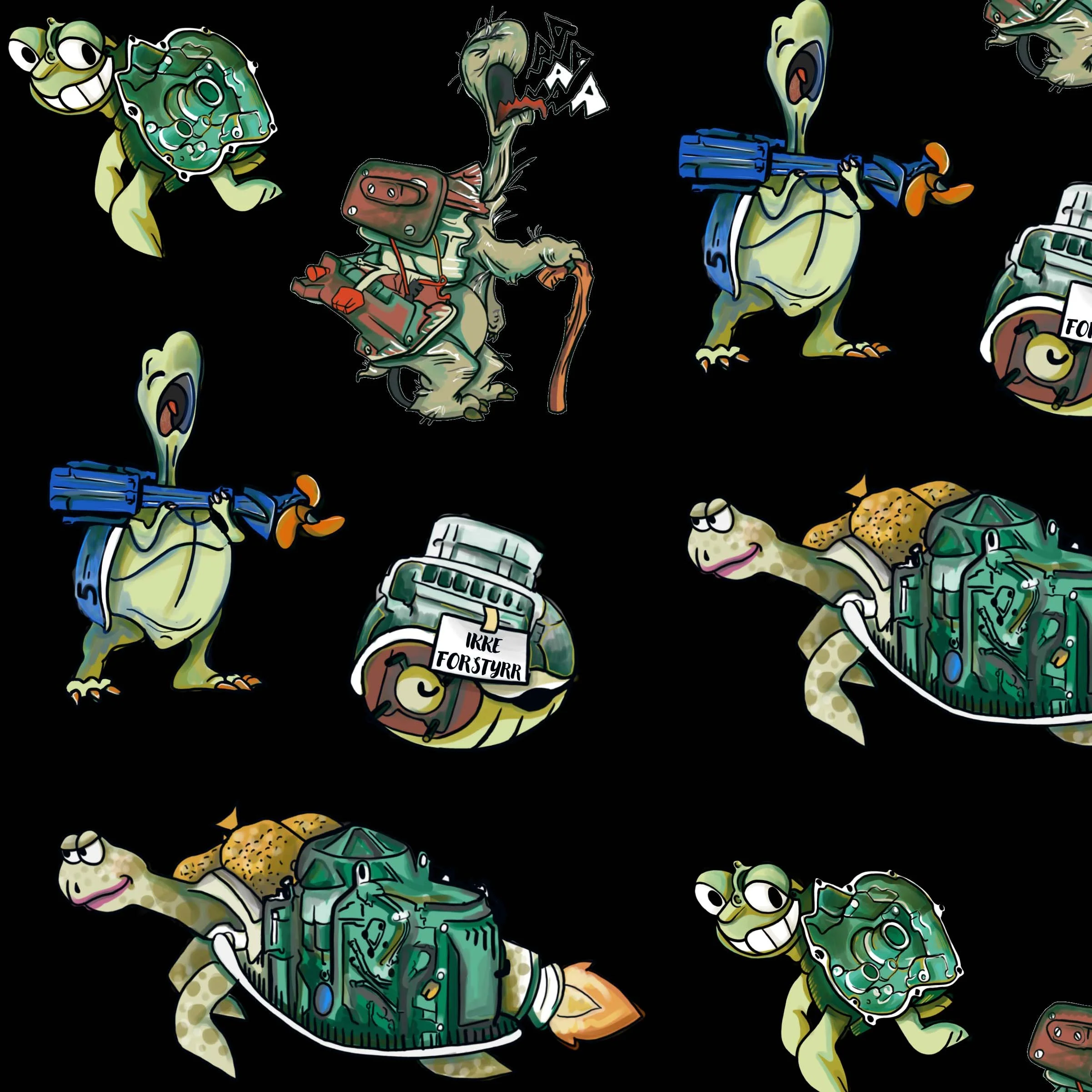 Repeating pattern of cartoon turtles, each built from parts of outboard engines, with individual mechanical details and character variations on a dark background.