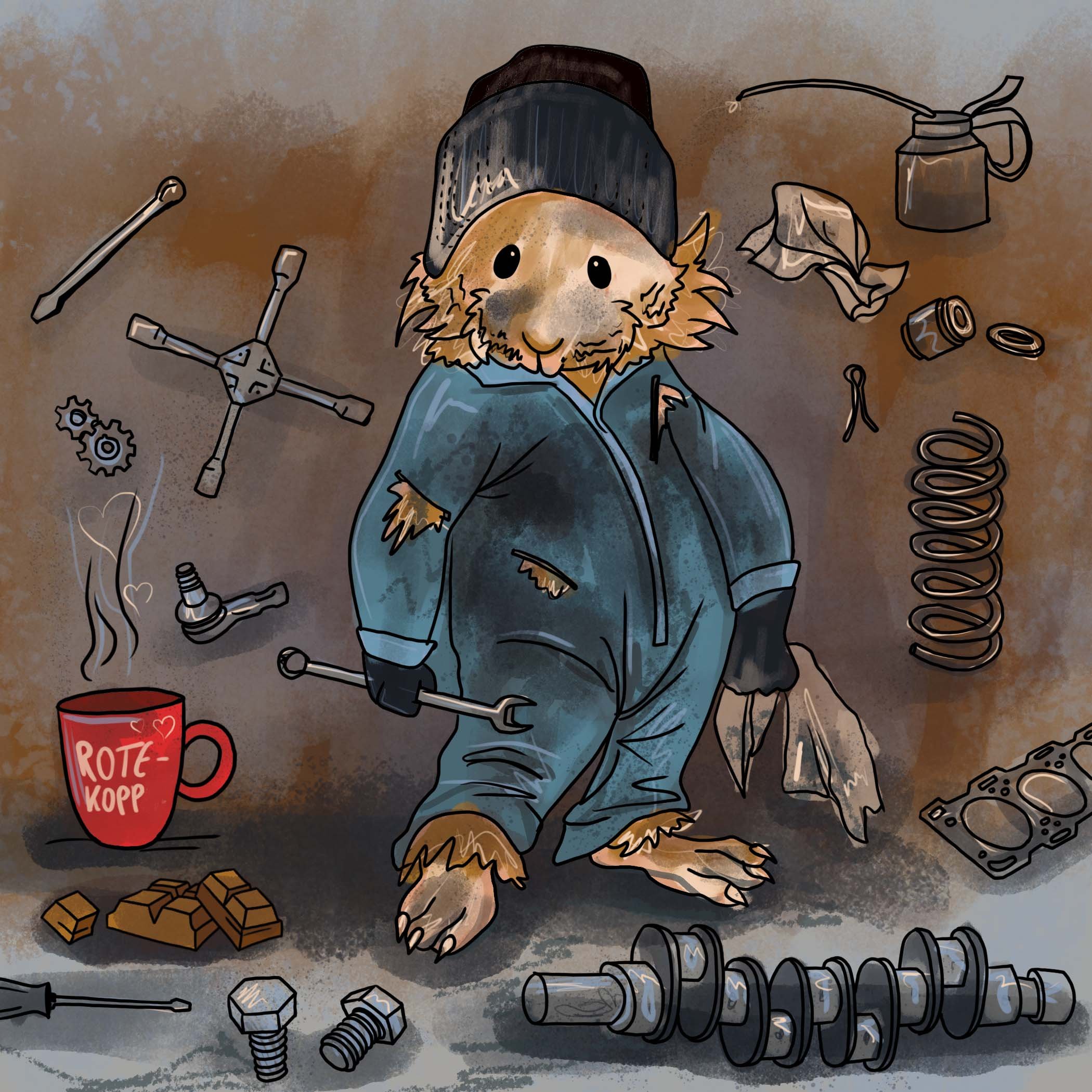 Illustration of a standing guinea pig wearing worn blue work overalls and a wool hat, surrounded by tools and small parts, with a red mug labeled “rotekopp” in a slightly messy setting.