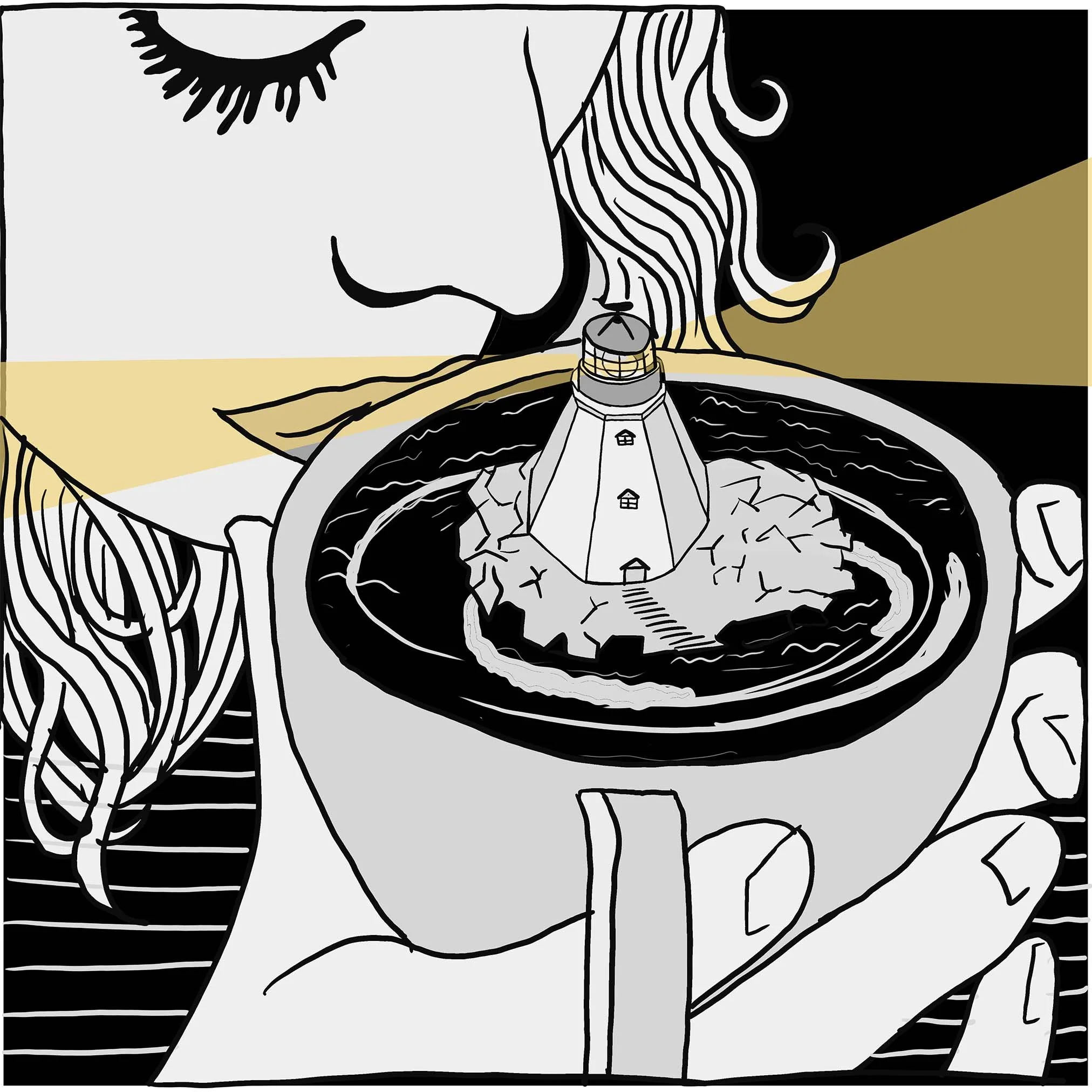 Graphic illustration of a woman holding a cup of coffee, with a lighthouse scene on a small island in the center of the coffee. The illustration uses black, white, gray, and beige colors.