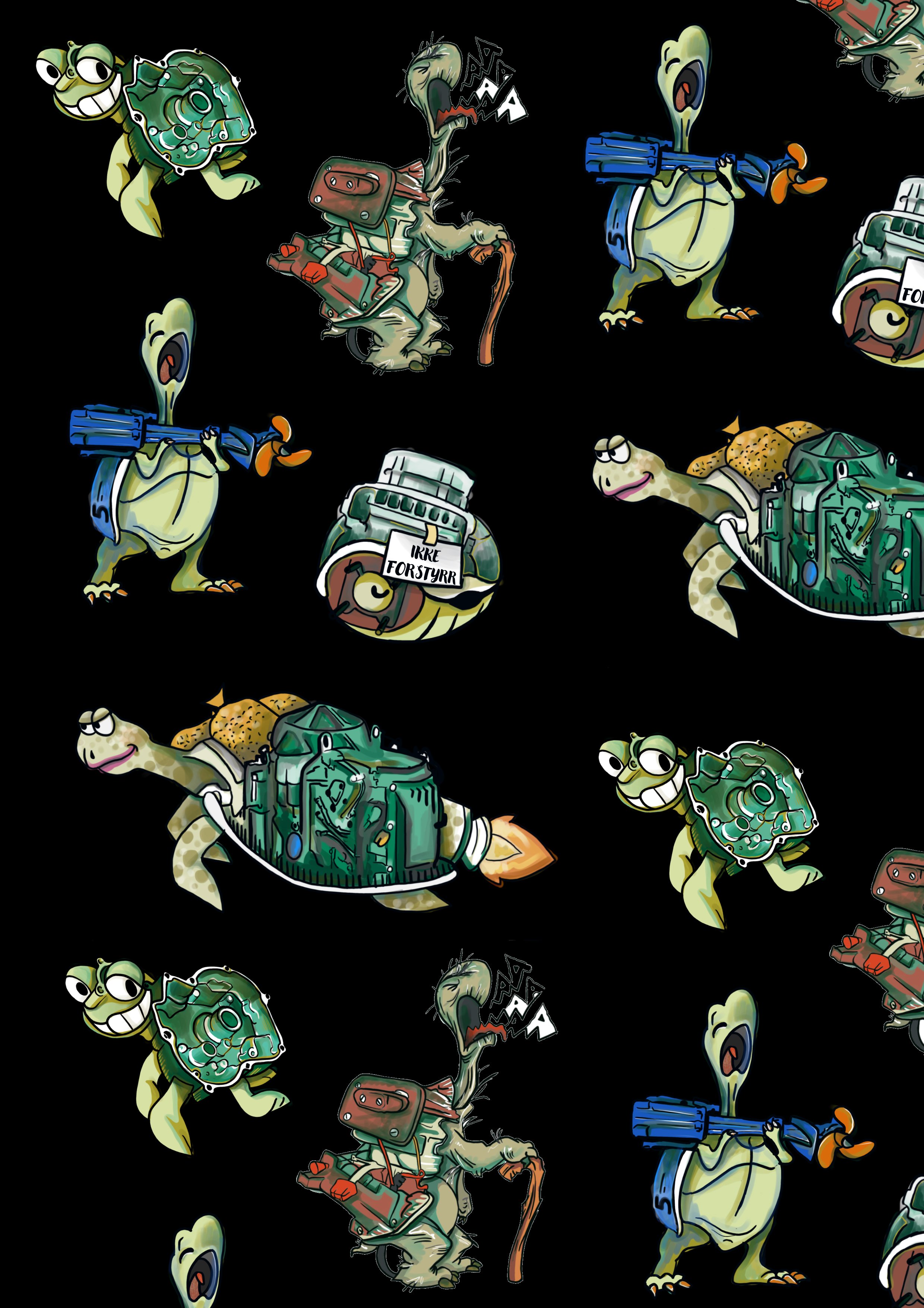 repeating illustrated turtles with parts of outboard motors