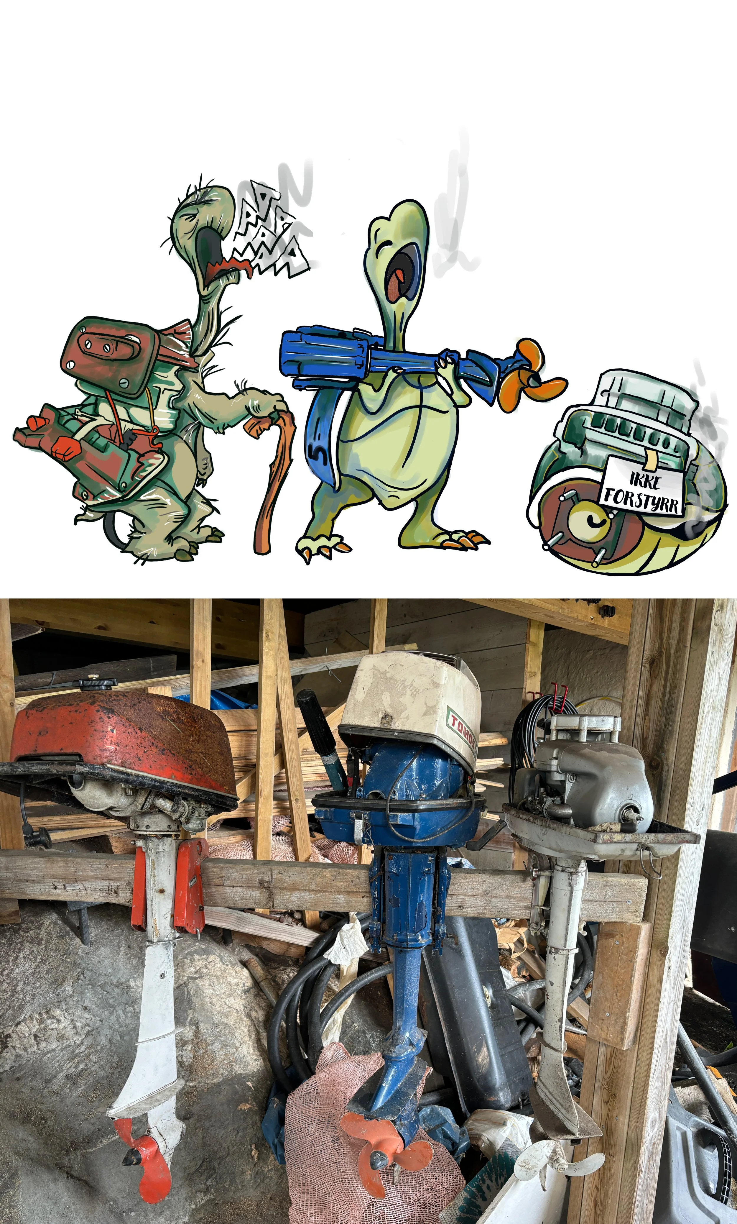 Illustrated turtles with parts of outboard motors