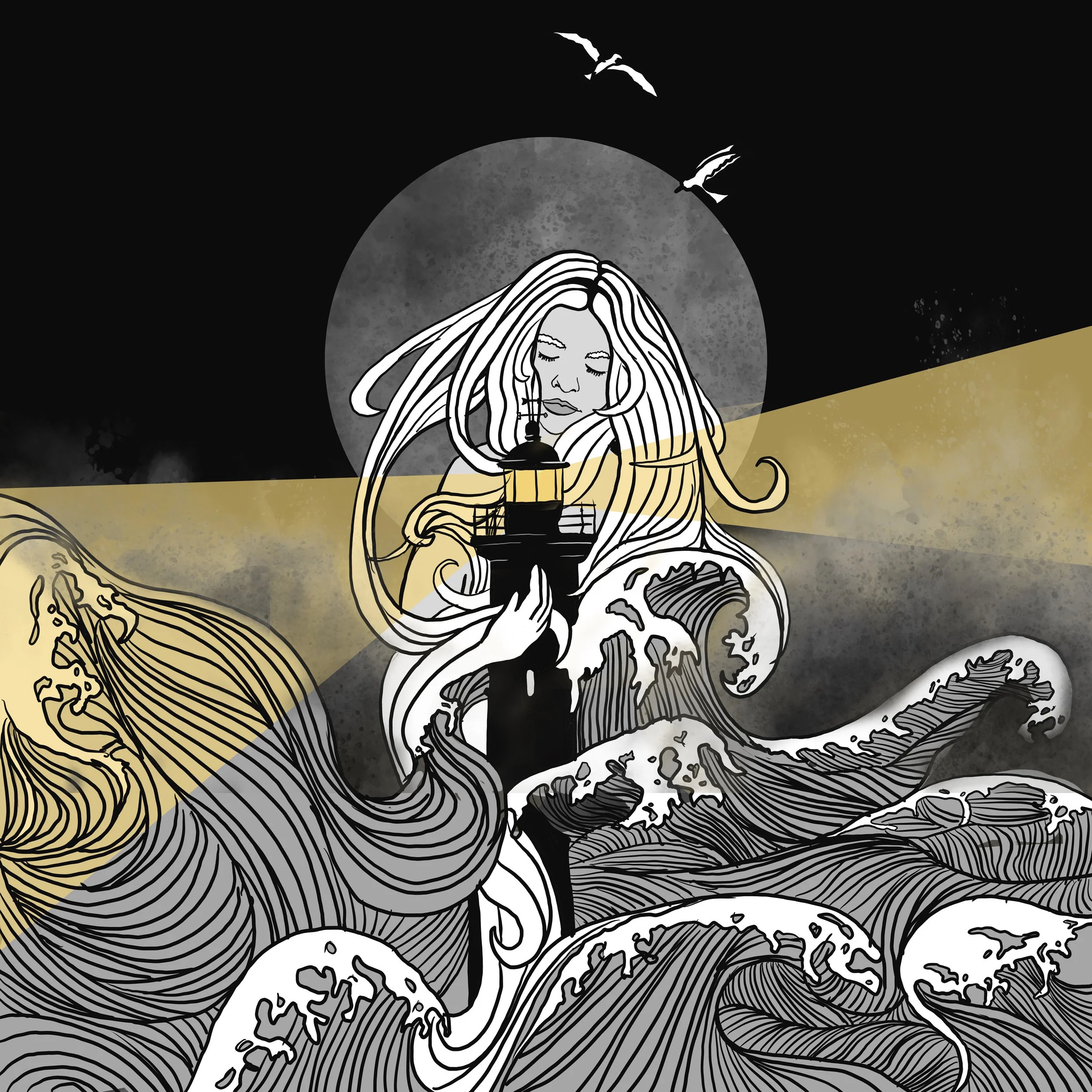 Waves with woman around a lighthouse