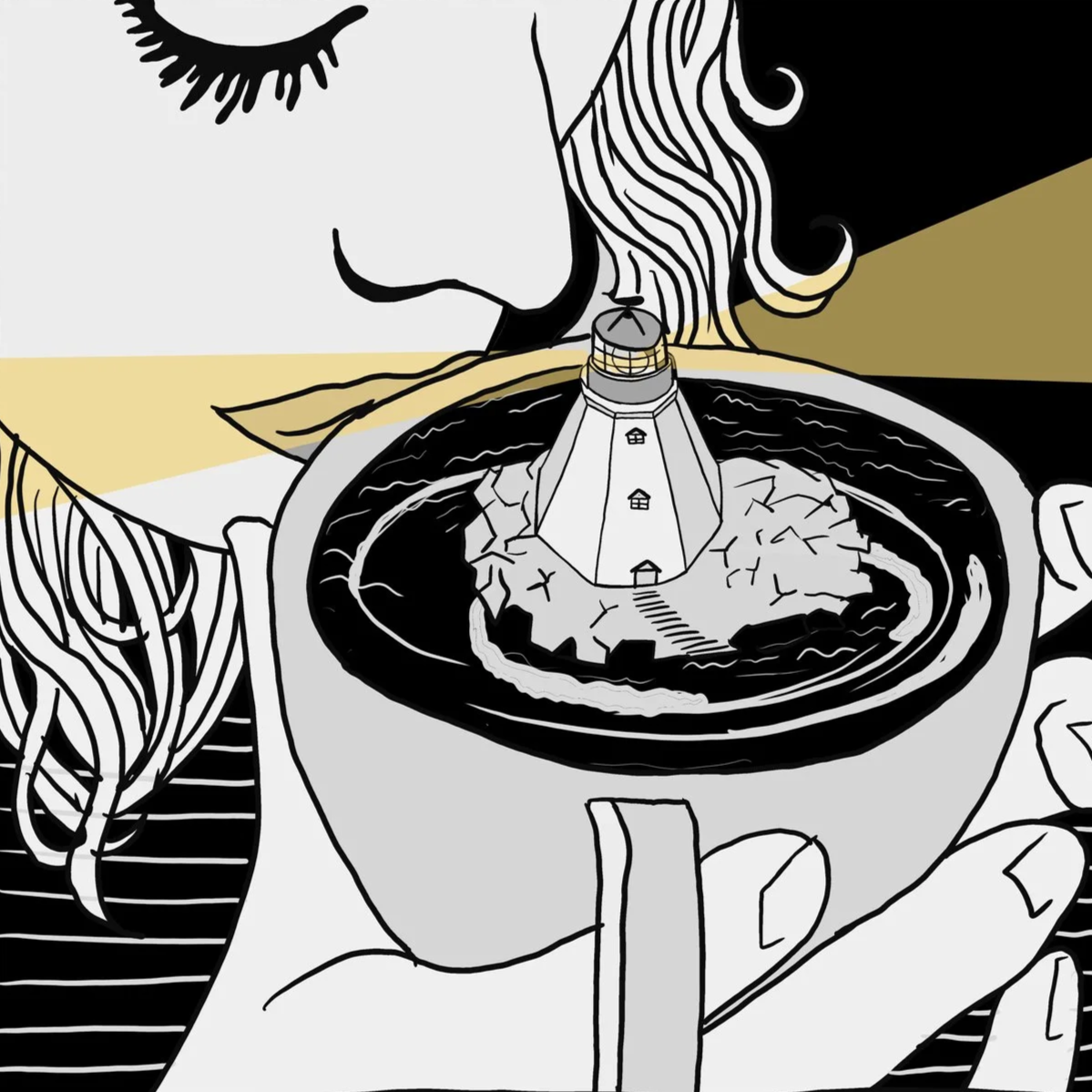 Taste of the sea, smelling at a coffee cup with a lighthouse in the middle of the coffee