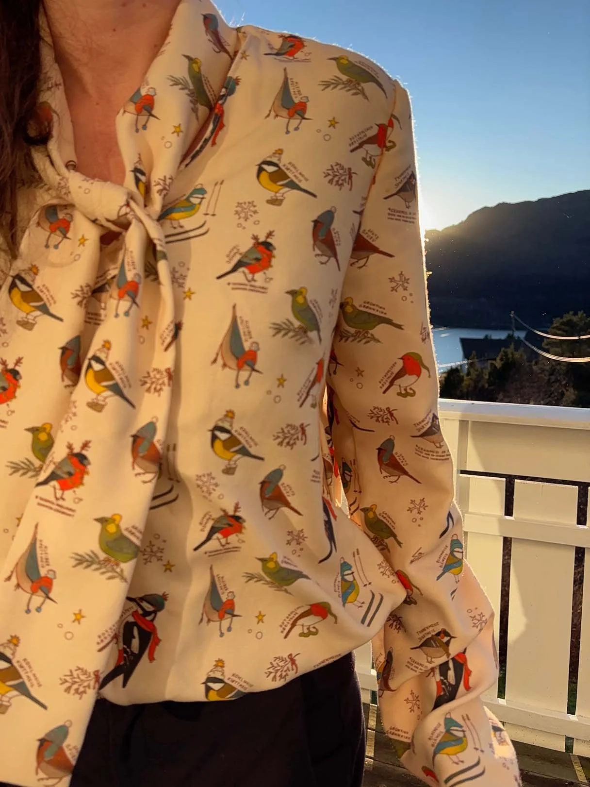 Close-up of a finished blouse with a winter bird pattern, worn outdoors with mountains and a fjord in the background.
