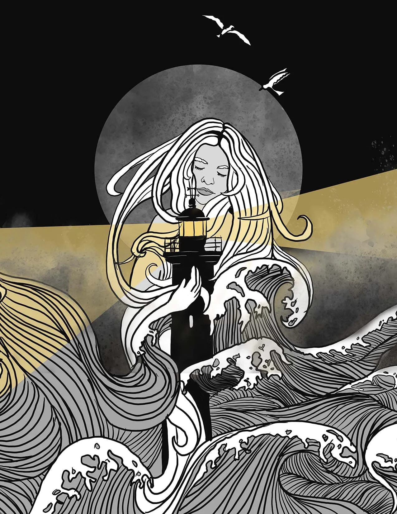 Graphic illustration of a woman emerging from waves, wrapping around a lighthouse, with light from the tower and a full moon in the background, in black, white, and gold tones.