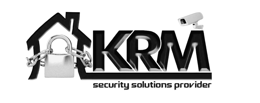 Logo for KRM security solutions provider with house, lock, chain, and surveillance camera elements.