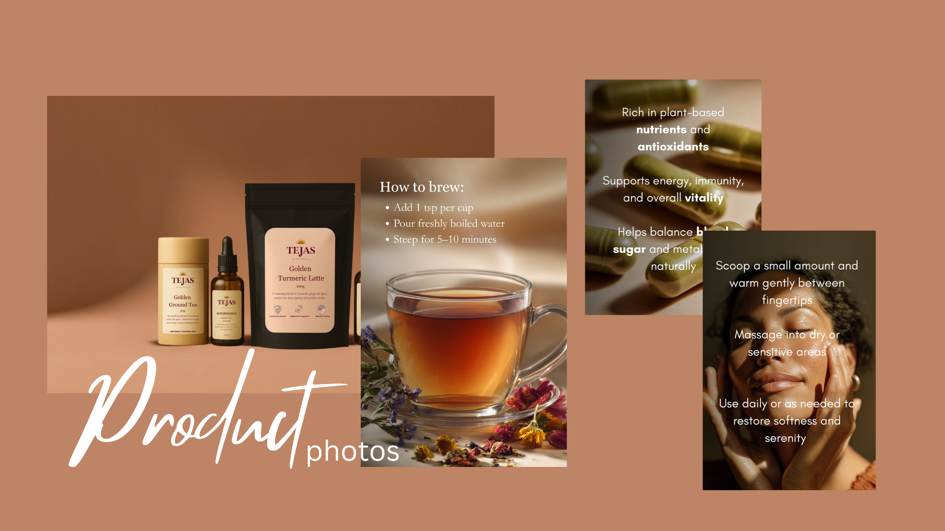 Collage of herbal supplement products and a glass of tea, featuring instructions for brewing, health benefits, and a woman massaging her face.