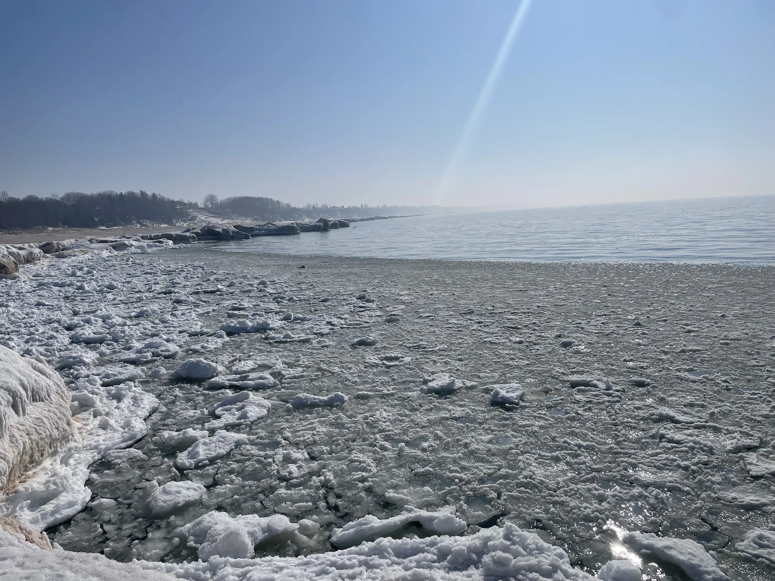 Frozen shoreline with snow and ice, calm water, distant trees, and a clear blue sky.