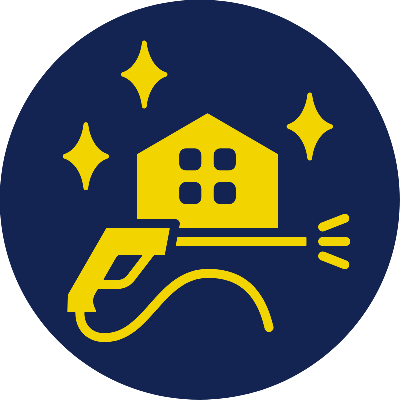 Icon of a house being painted with a paint roller, surrounded by stars on a dark blue background.
