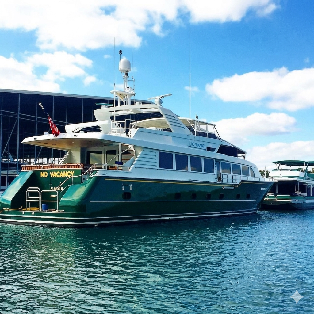 A large yacht docked at a marina, with a 'No Vacancy' sign at its stern and an American flag flying at the back. The sky is partly cloudy.