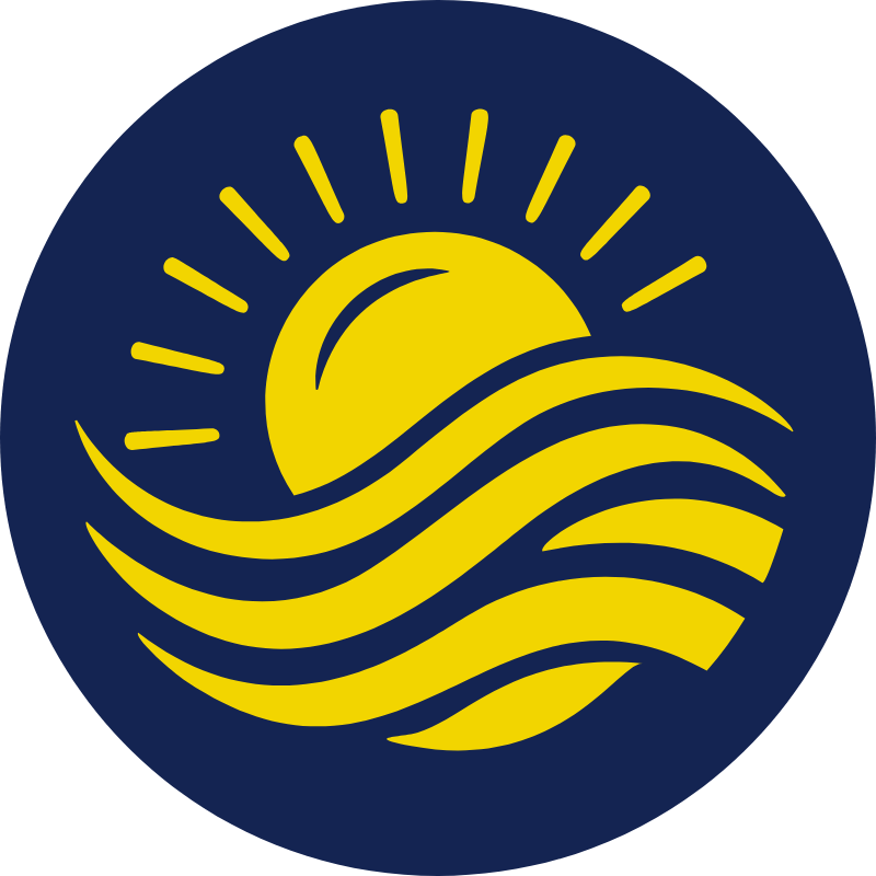 Yellow sun shining over stylized waves inside a dark blue circle.