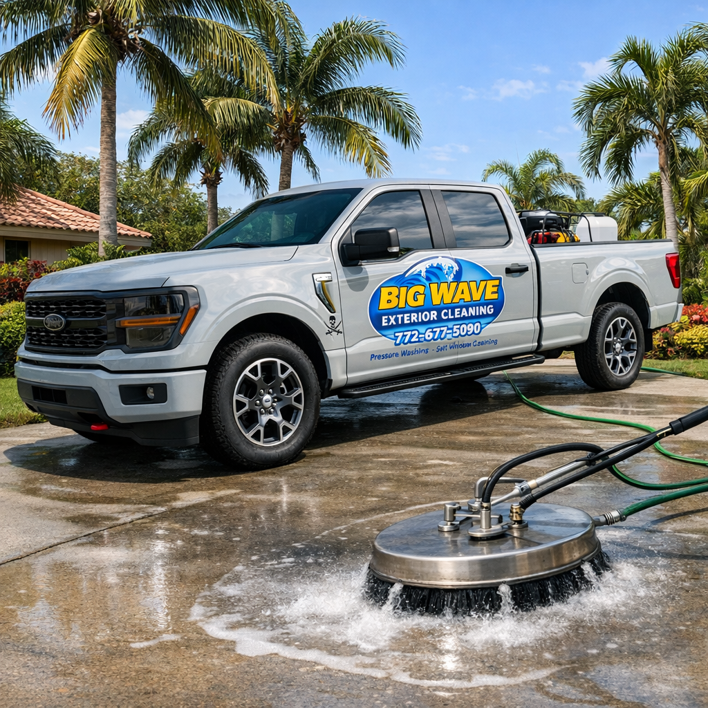 A white pickup truck from Big Wave Exterior Cleaning is parked on a driveway, with water spraying from a surface cleaning machine attached to a hose, in a tropical setting with palm trees and a house in the background.