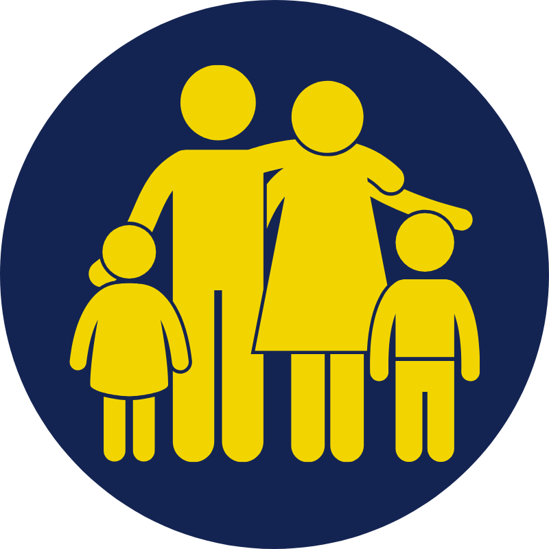 Icon of a family with two adults and two children standing together, arms around each other, in yellow on a dark blue background.