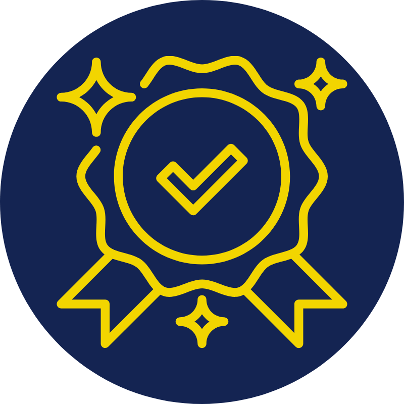 An award ribbon with a checkmark in the center, surrounded by stars and decorative elements, on a dark blue background.