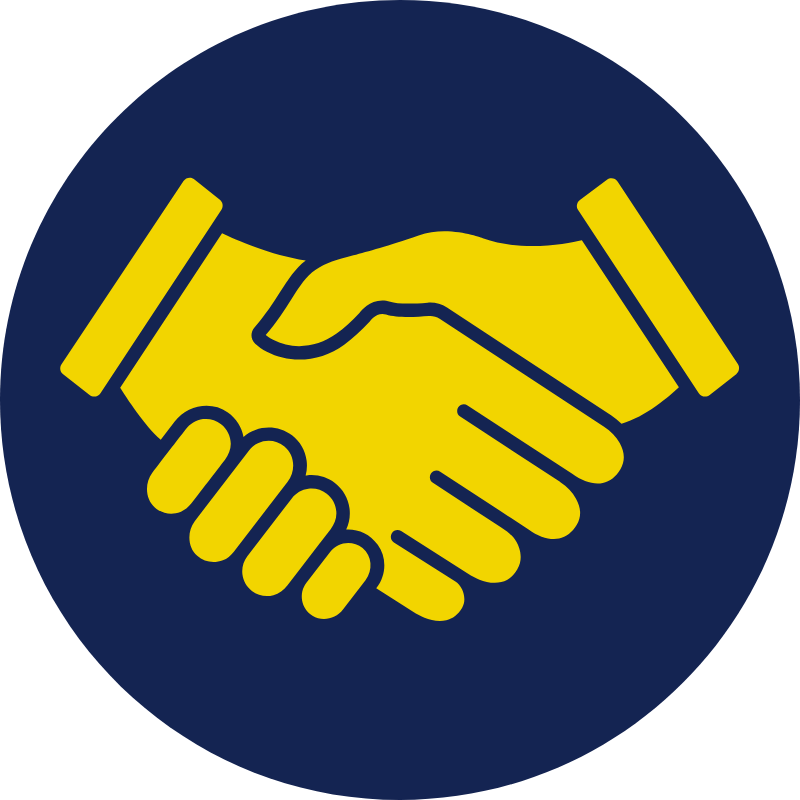 Icon of two hands shaking, yellow on a dark blue circular background.