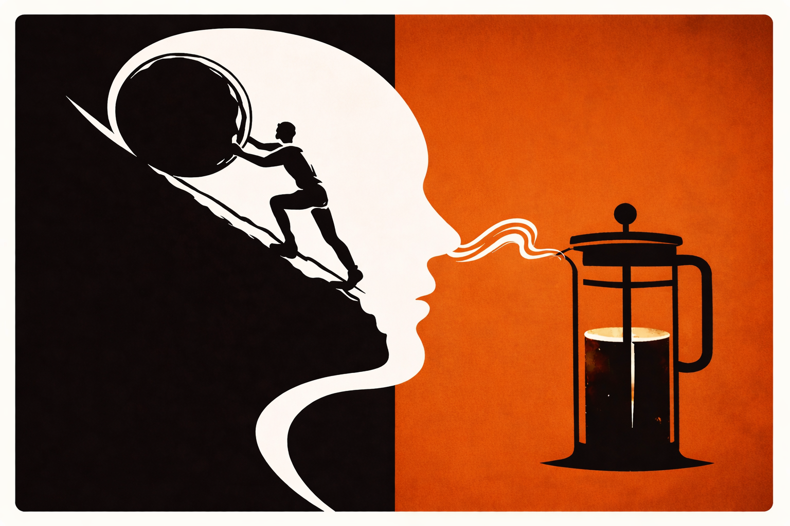 A silhouette of a person climbing a hill and blowing out a steaming cup of coffee, with steam transforming into a person's profile.