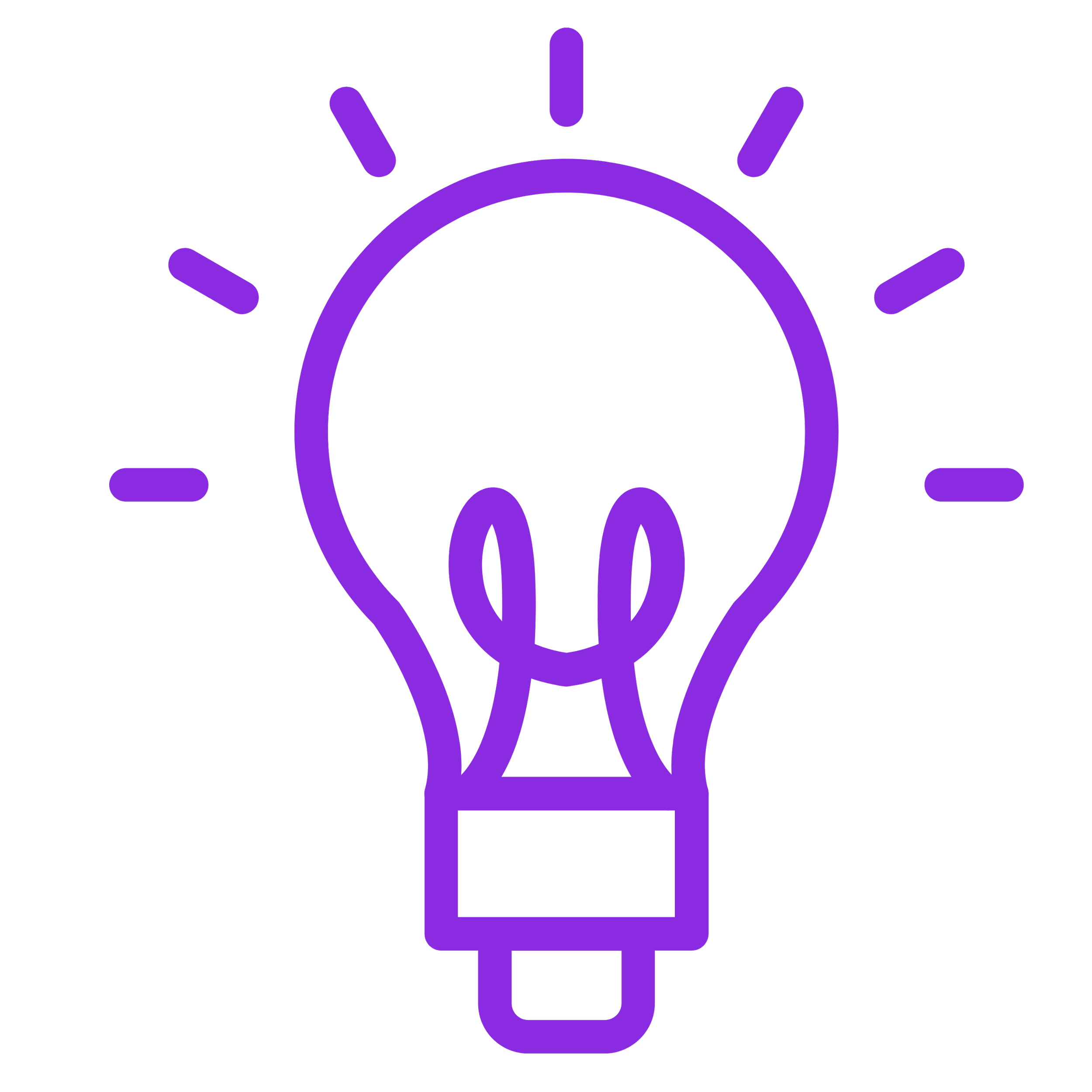 Outline of a light bulb with radiating lines, colored in gradient purple shades on a black background.