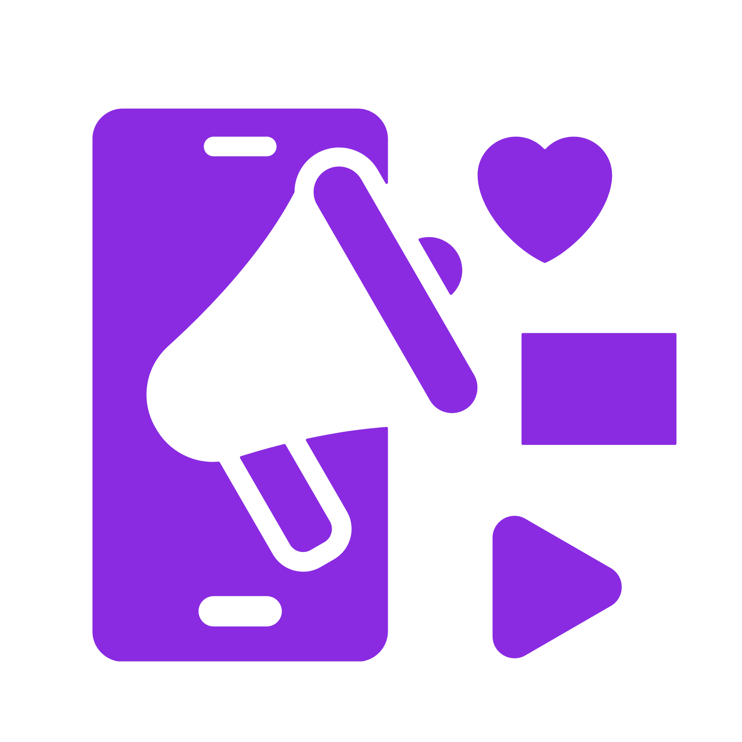A stylized graphic of a smartphone with a speech bubble and a heart symbol, all in shades of purple on a black background.