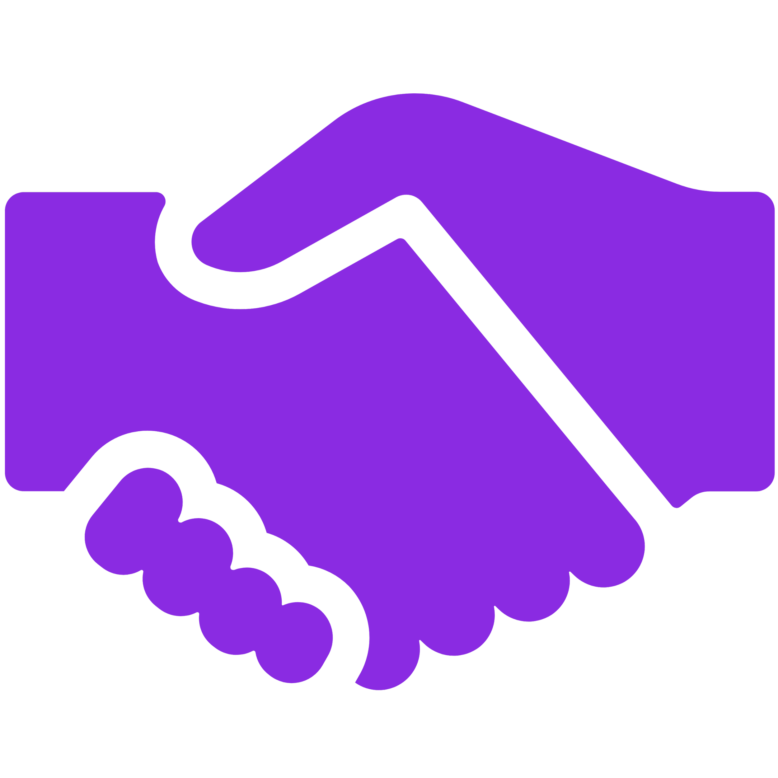Stylized illustration of two shaking hands with purple and black color scheme on a black background.