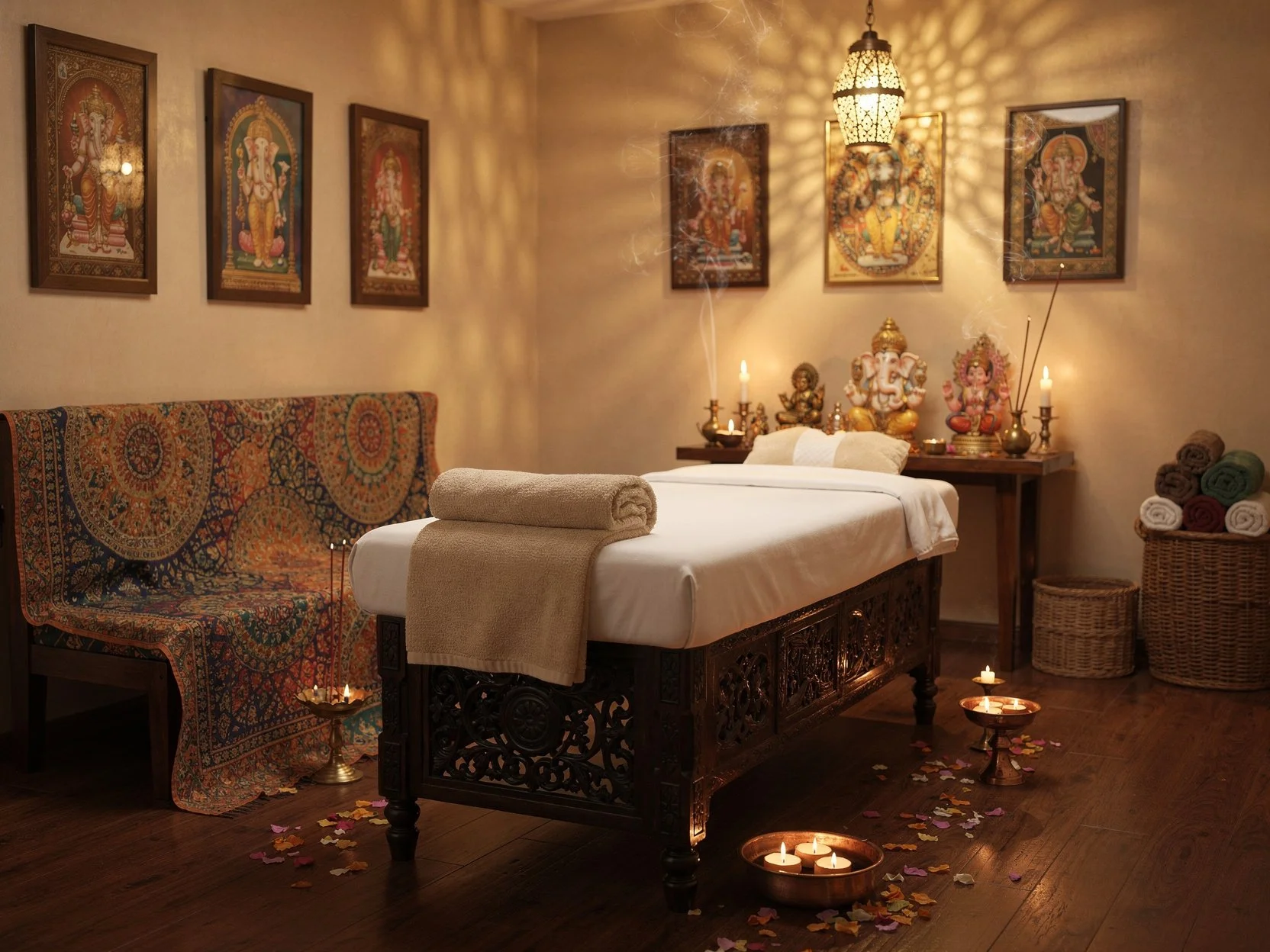 Una habitación de spa con una cama de masaje adornada con toallas enrolladas, rodeada de velas encendidas y aromas, con paredes decoradas con imágenes de deidades hindúes y un tapiz colorido en el respaldo del sofá.