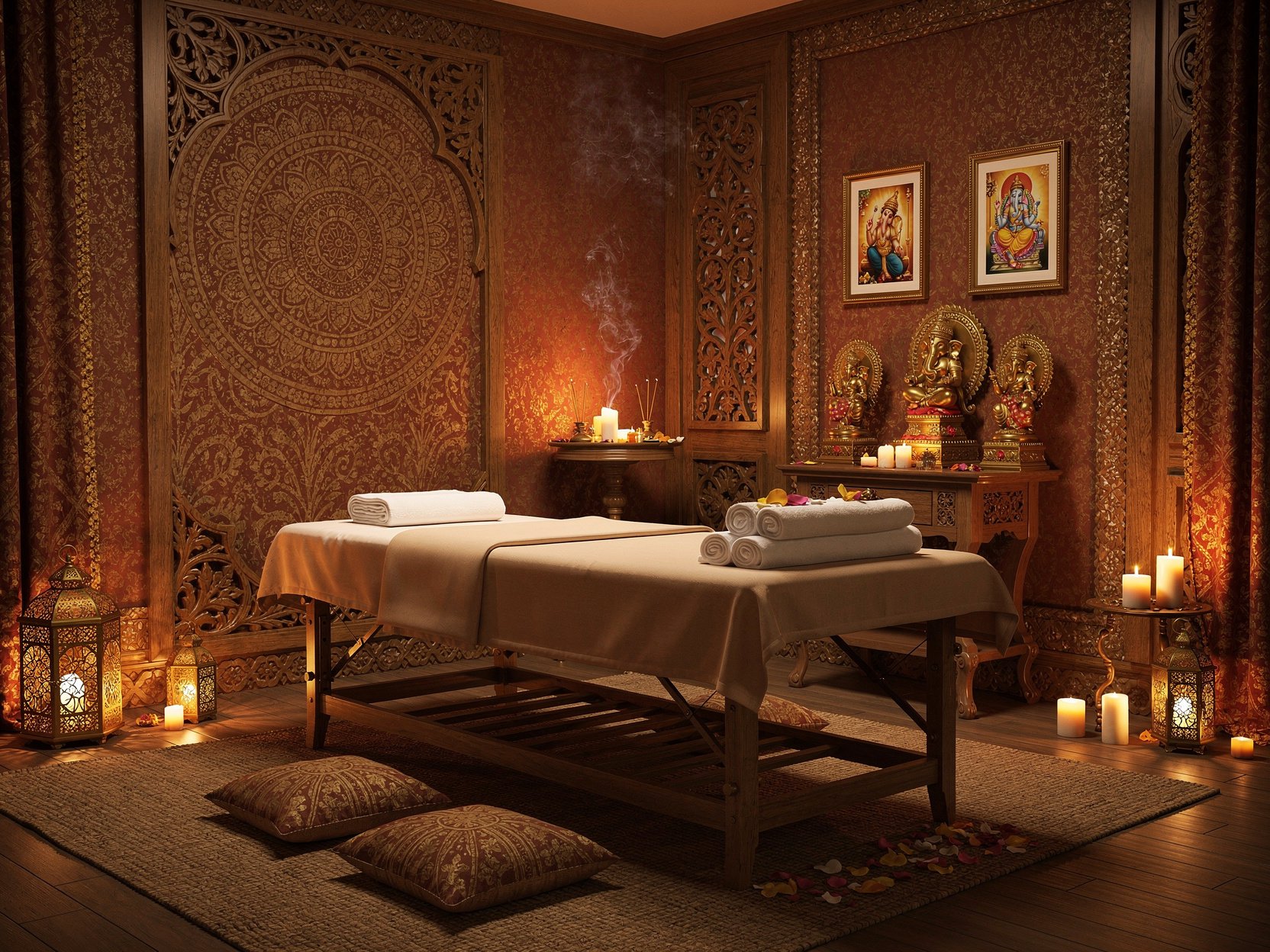 Sala de masaje con ambiente relajante, decoración de estilo oriental, velas encendidas, cuadros de deidades hindúes y accesorios religiosos, con una camilla de masaje en el centro.