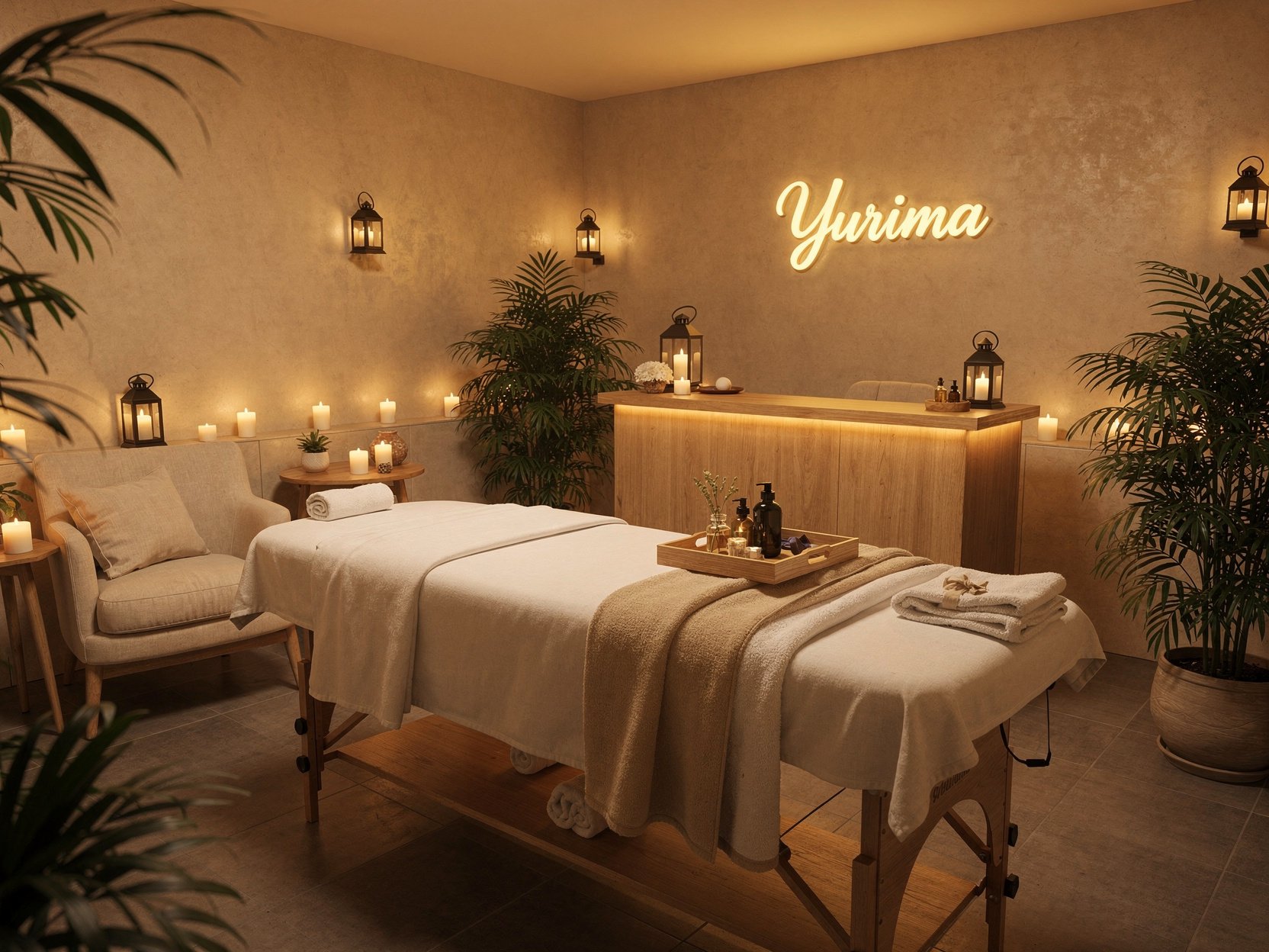 Sala de masaje con camilla, lámparas de vela y decoración cálida y natural, con plantas y luz suave.