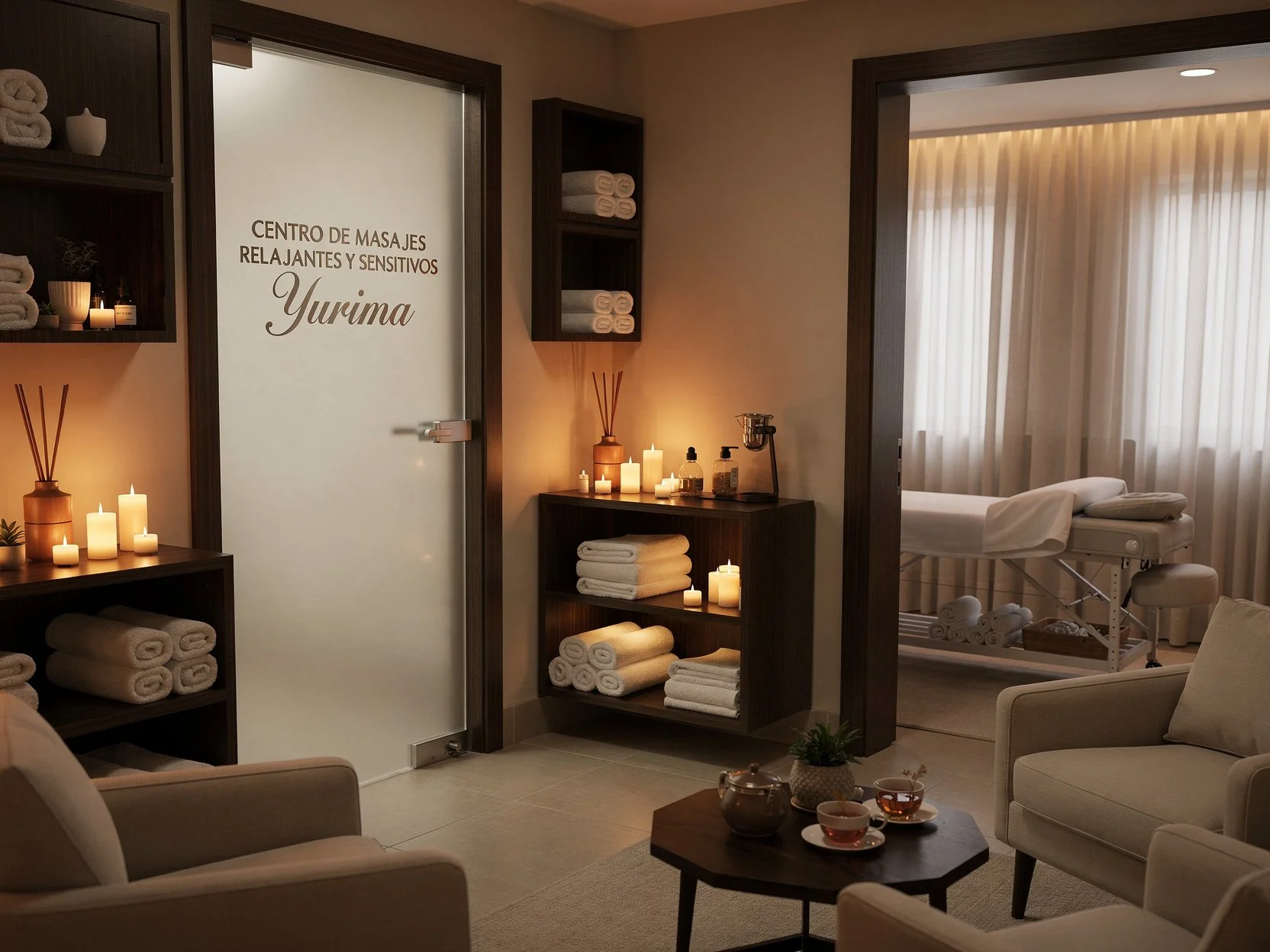 Sala de masajes relajantes y sensitiva con decoraciones cálidas, velas y toallas enrolladas, área de masaje con camilla en la habitación contigua.