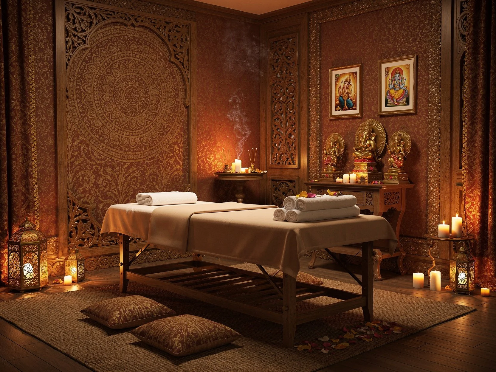 Sala de masaje con decoraciones indias, velas y estatuas religiosas