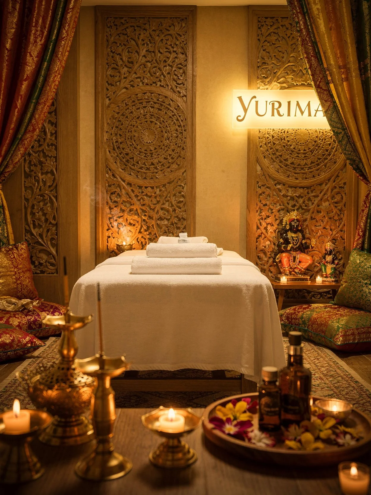 Escenario de spa con decoraciones tradicionales, estatua de diosa y velas encendidas.