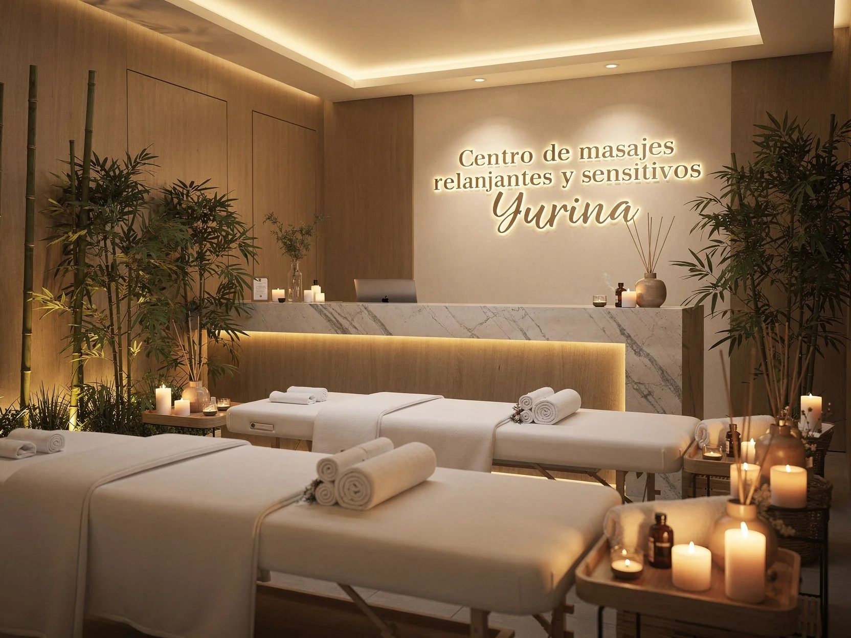 Sala de masajes con camillas, velas y plantas decorativas en ambiente relajante y acogedor.