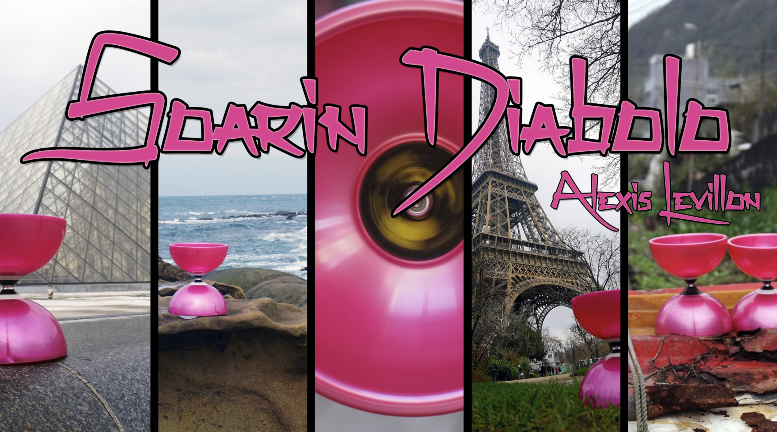 Image composite avec cinq sections montrant des lieux célèbres (Louvre, plage, Paris), un disque rose, et des bols roses, avec le titre "Darin David" en rose et le nom "Alexis Evillion".