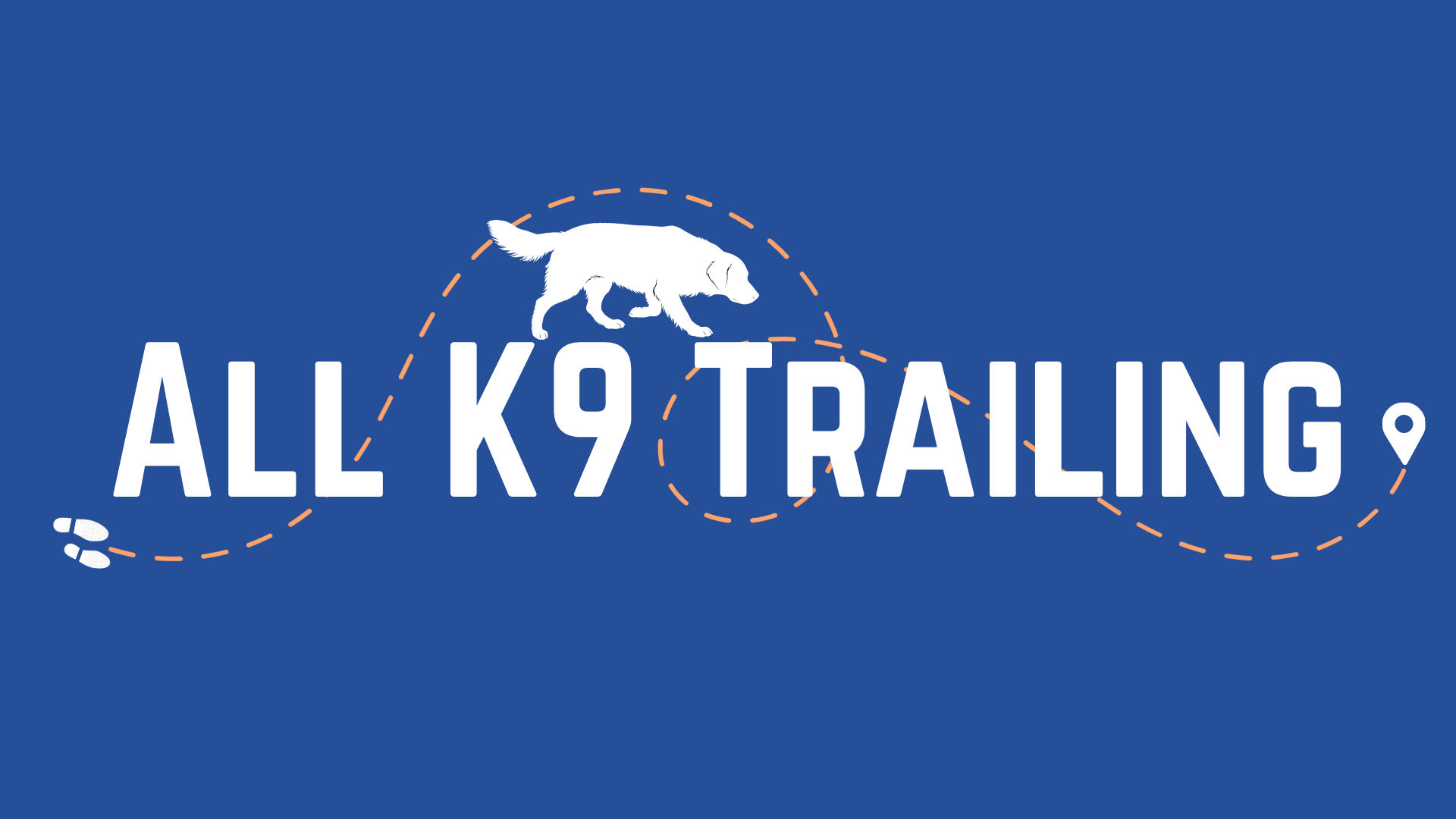 Logo for All K9 Training featuring a white silhouette of a dog walking along a dotted orange trail with a small set of dog footprints, set against a blue background.