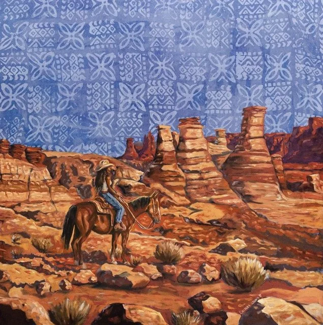 Black Cowgirl - Oil on Àdìrẹ Fabric -48x48 in