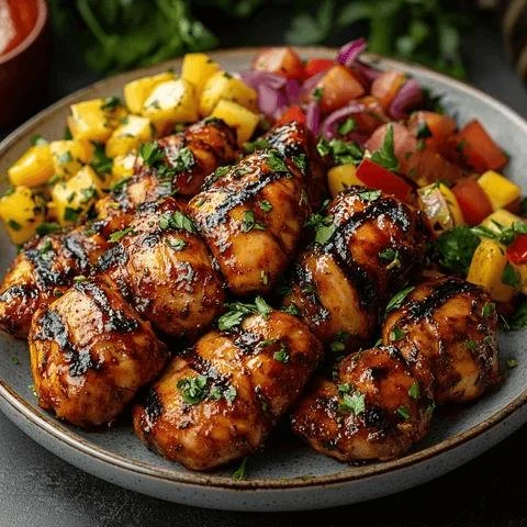 Plate of grilled chicken meatballs glazed in sauce, garnished with chopped herbs, served with diced mango salad and tomato salad on the side.