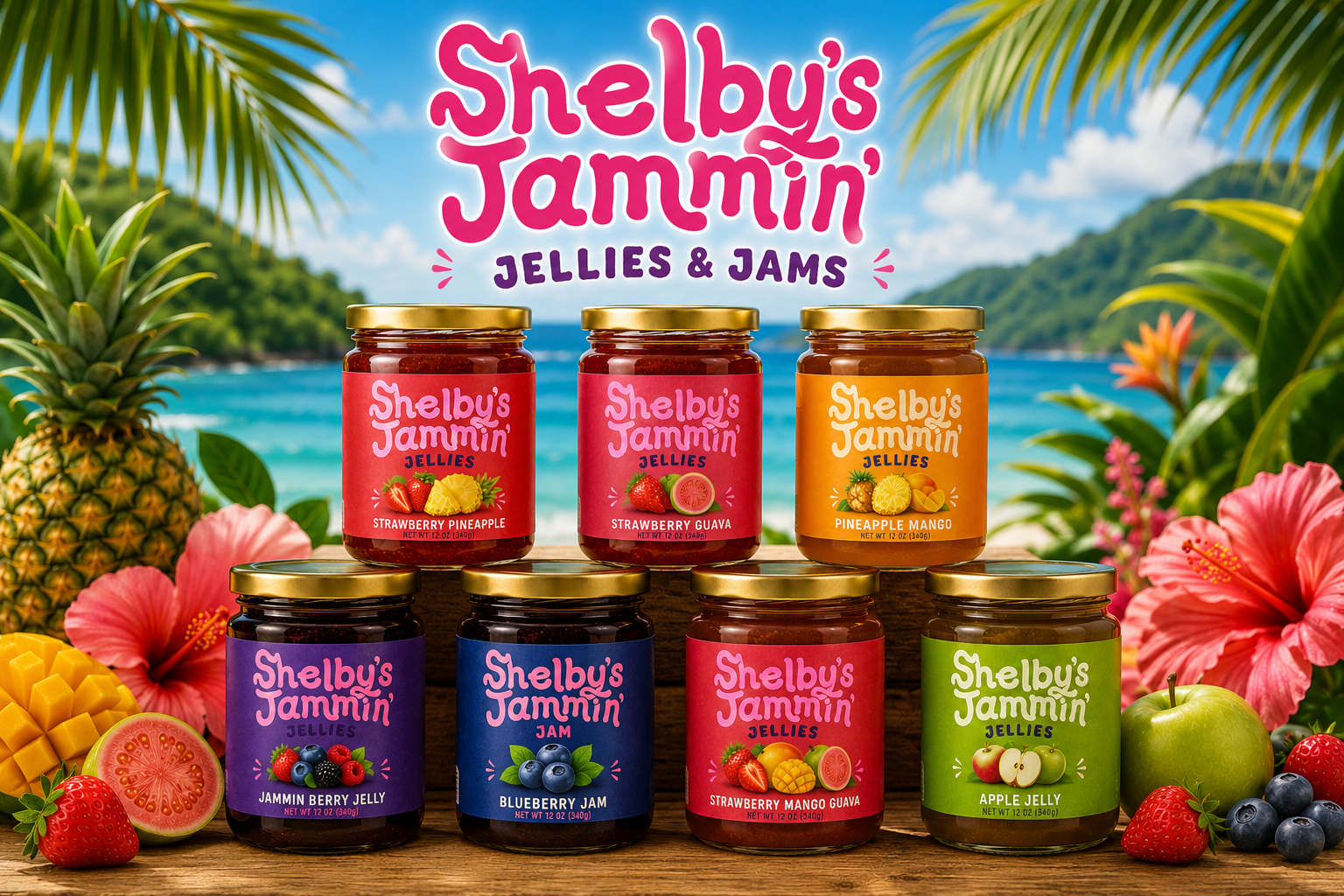 a collection of fruit jellies arranged with a tropical background containing the ocean, tropical fruits, and palm trees