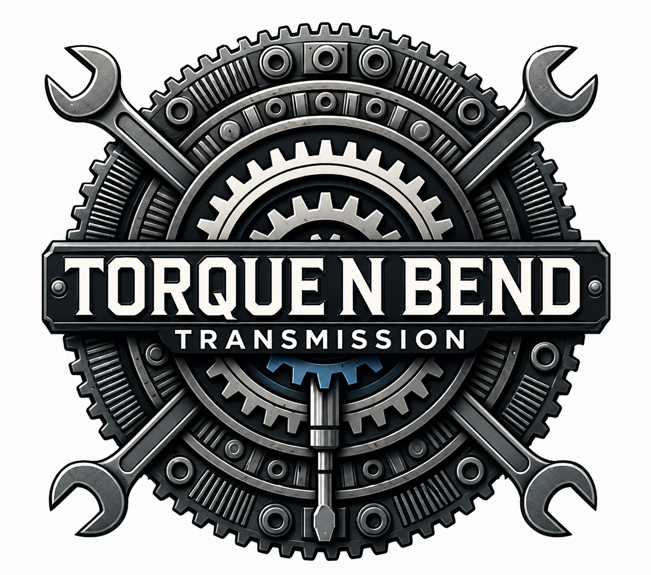 A logo for Torque n Bend Transmission featuring metallic gears and tools, with the company name prominently displayed in the center.