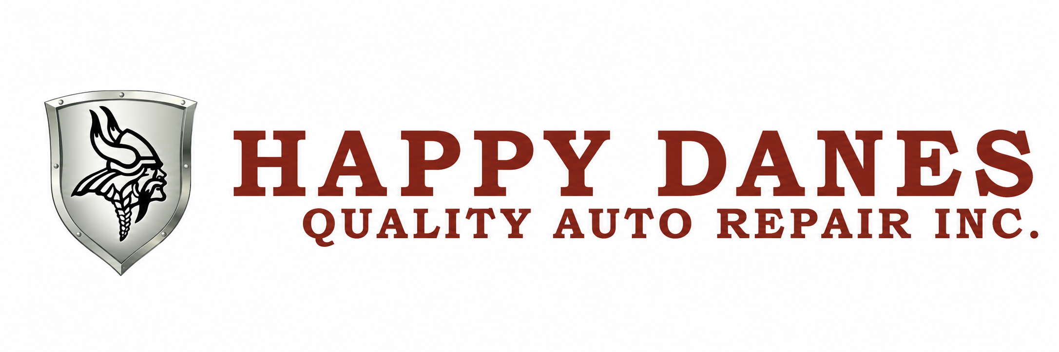Logo for Happy Danes Auto Repair featuring a Viking head in a shield and text reading "Happy Danes Quality Auto Repair Inc."