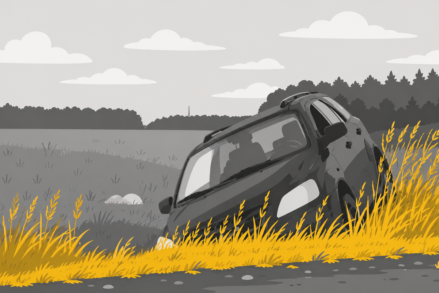 A car in the ditch near the side of road requiring winch out services from a tow and recovery company.