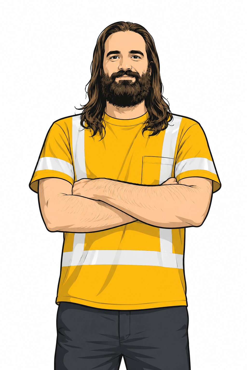 A man with long brown hair and a beard, crossing his arms, wearing a yellow safety T-shirt with reflective stripes.