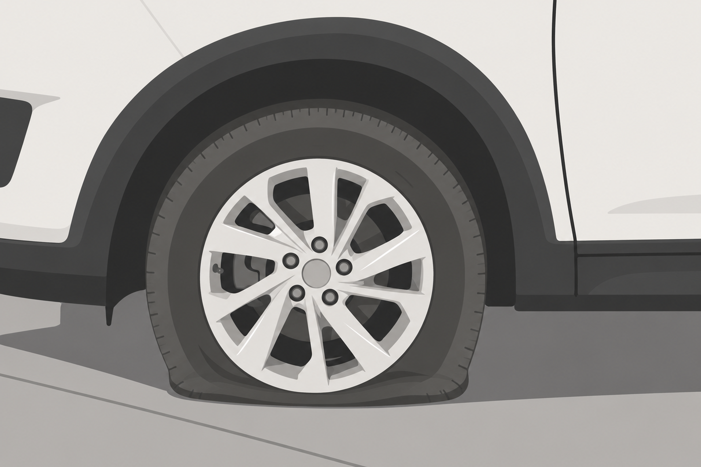 Close up of a flat tire on a car requiring tire change services from a towing or roadside services company.