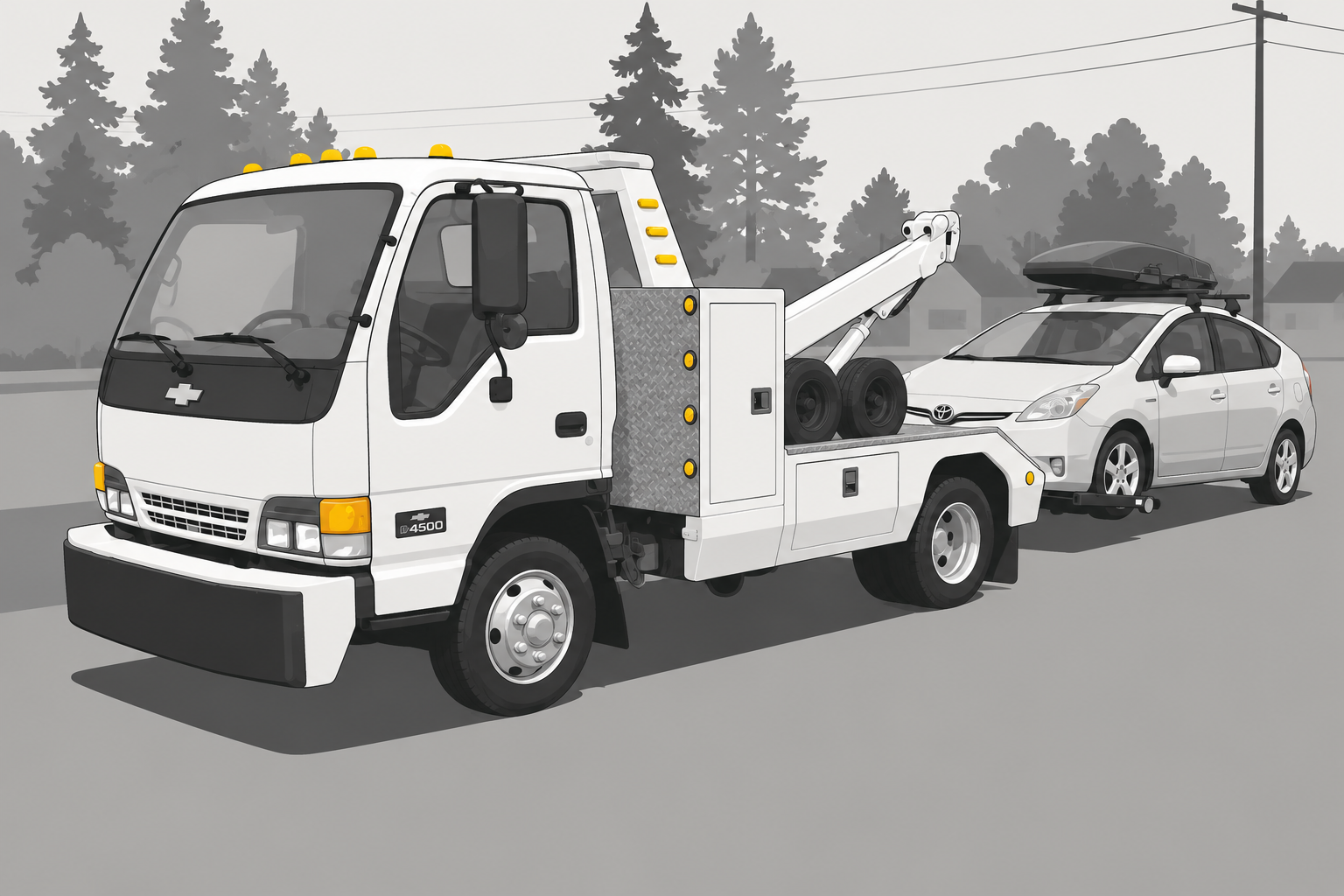 A tow truck towing a silver Toyota Prius on a road with trees and power lines in the background