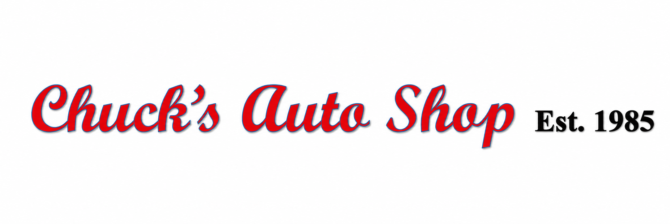 Sign for Chuck's Auto Shop with red and blue cursive text and black establishment date on a white background.